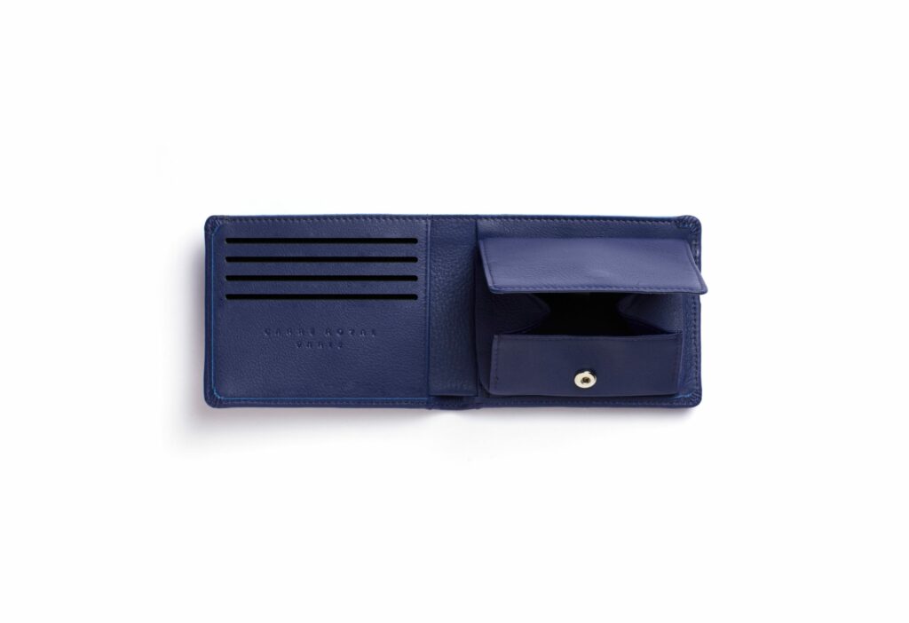 Portefeuille Minimaliste Marine en Cuir de Taurillon avec Poche à monnaie par Carré Royal ouvert (LA901 Marine)