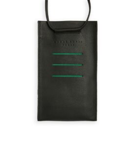 Black Necklace Phone Pouch in Calfskin Leather by Carré Royal Front (AT732 Noir)