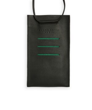 Black Necklace Phone Pouch in Calfskin Leather by Carré Royal Front (AT732 Noir)