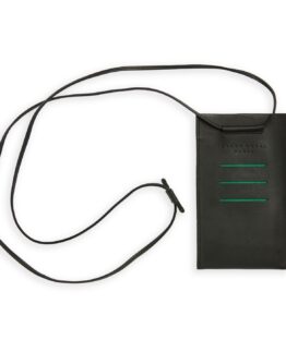 Black Necklace Phone Pouch in Calfskin Leather by Carré Royal Front (AT732 Noir)
