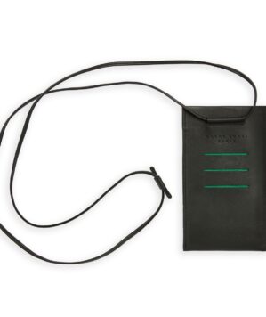 Black Necklace Phone Pouch in Calfskin Leather by Carré Royal Front (AT732 Noir)