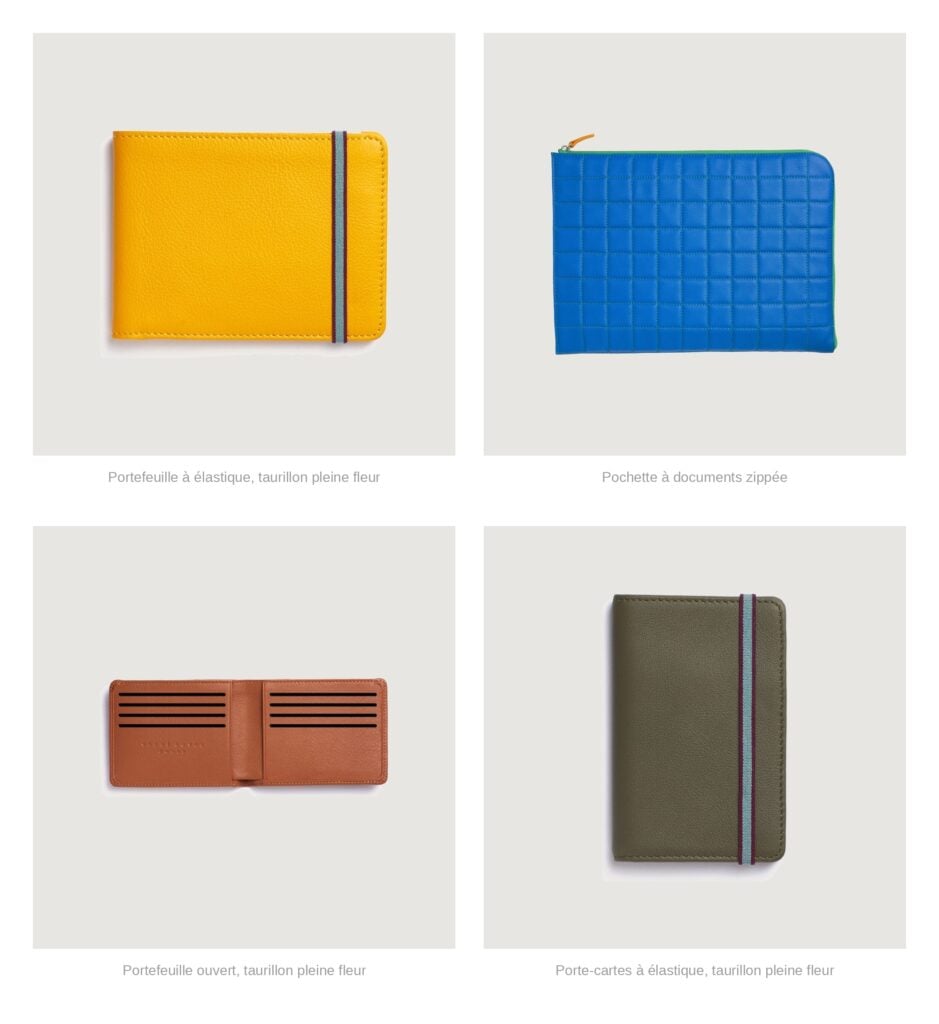 Quatre pièces Carré Royal en cuir de taurillon pleine fleur : portefeuille à élastique, pochette à documents zippée, portefeuille ouvert, porte-cartes à élastique.