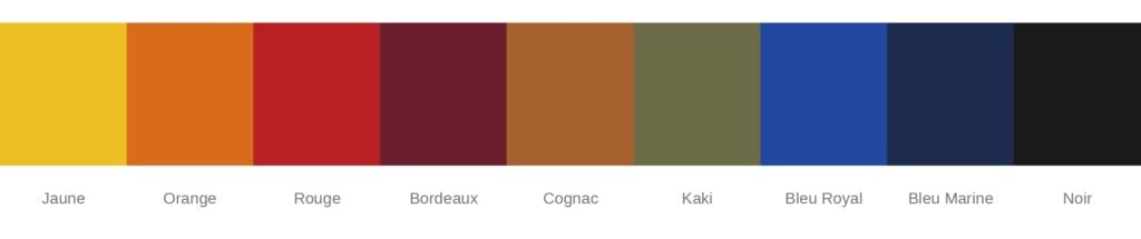 Le Nuancier Carré Royal, neuf couleurs de cuir : jaune, orange, rouge, bordeaux, cognac, kaki, bleu roy, bleu marine, noir.